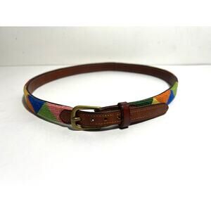 Dan Place EUC Multicolor UNISEX Triangle Needlepoint Belt Brown Leather 32